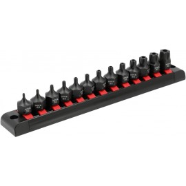 Smūginių TORX antgalių su skylute rinkinys 3/8" T10–T70 13 vnt. ant magnetinio laikiklio