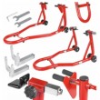 Motociklo priekinio ir galinio rato stovų komplektas | L formos | su ratukais