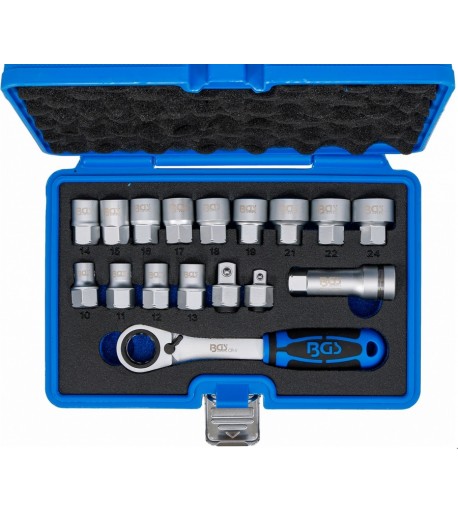 Kiauryminių galvučių rinkinys su terkšle | 10–24 mm | Gear Lock | 17 vnt.