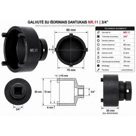 Galvutė su išoriniais dantukais NR.11 | 3/4" | Ø 80 / 70 mm | 4 dantukai