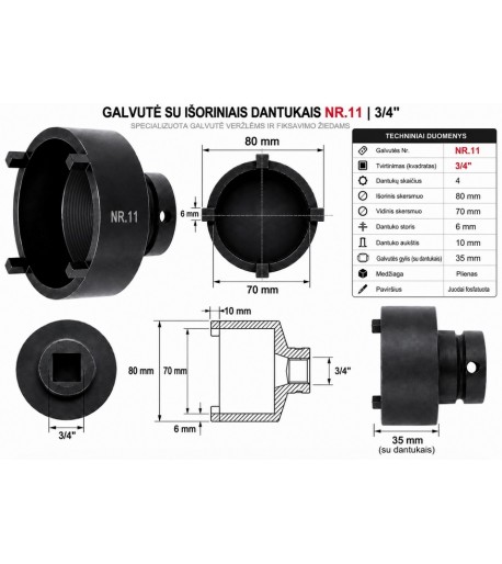 Galvutė su išoriniais dantukais NR.11 | 3/4" | Ø 80 / 70 mm | 4 dantukai