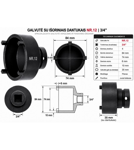 Galvutė su išoriniais dantukais NR.12 | 3/4" | Ø 84 / 74 mm | 4 dantukai