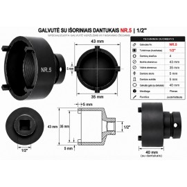Galvutė su išoriniais dantukais NR.5 | 1/2" | Ø 43 / 35 mm | 4 dantukai