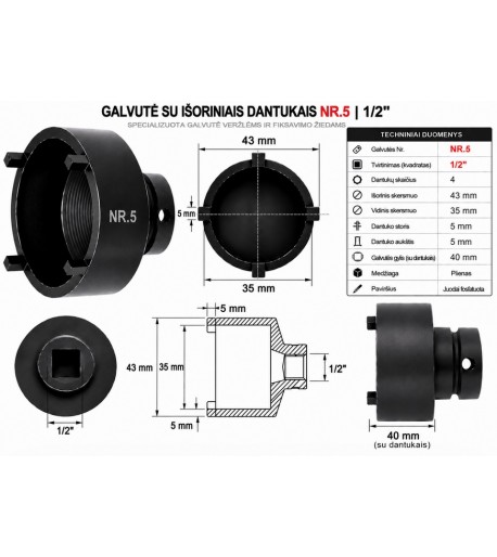 Galvutė su išoriniais dantukais NR.5 | 1/2" | Ø 43 / 35 mm | 4 dantukai